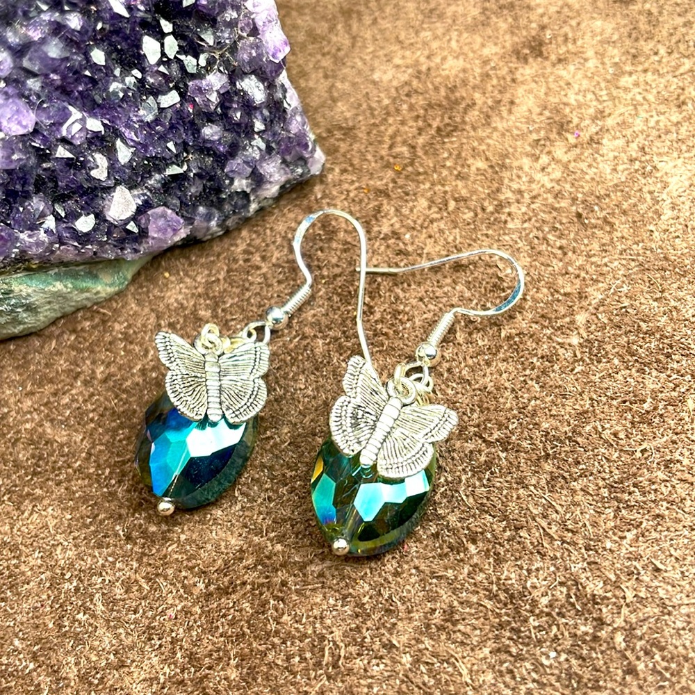 Austrian Crystal With Silver Charm Butterfly Dangling Artisan Earrings - Picture 4 of 13